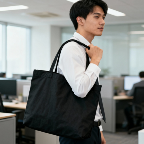 Attributes: type: Shopping bag material: Cotton size: Large handle: Short handle aspect ratio: 1:1 (Square - Instagram, profile pics) color palette: Dark and Moody:Black:#000000 model sex: __RANDOM__ model age: __RANDOM__ model ethnicity: __RANDOM__ background: office professional setting