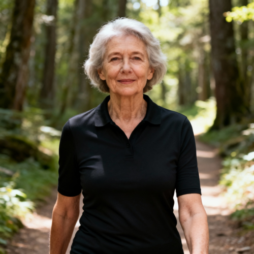 Attributes:
style: Polo
sleeve length: Half sleeve
fit: Slim
aspect ratio: 1:1 (Square - Instagram, profile pics)
color palette: Dark and Moody:Black:#000000
model age: Old
model sex: Female
model ethnicity: White
background: forest trail casual