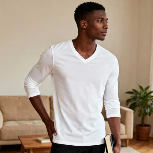 Attributes: style: V-neck sleeve length: Full sleeve fit: Slim aspect ratio: 1:1 (Square - Instagram, profile pics) color palette: Neutral:White:#FFFFFF model age: Young adult model sex: Male model ethnicity: Black background: lifestyle living room setting