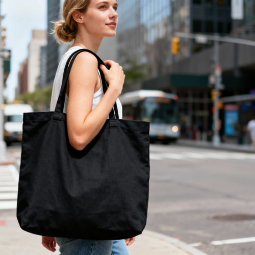 Attributes: type: Shopping bag material: Cotton aspect ratio: 4:3 (Standard - traditional photos, presentations) handle: Short handle size: Large color palette: Dark and Moody:Black:#000000 model sex: __RANDOM__ model age: Young adult model ethnicity: White background: commuter urban setting