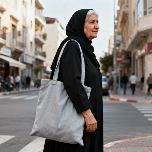 Attributes: type: Shopping bag material: Cotton handle: Short handle size: Large aspect ratio: 1:1 (Square - Instagram, profile pics) color palette: Neutral:Light Gray:#D3D3D3 model sex: Female model age: __RANDOM__ model ethnicity: __RANDOM__ background: commuter urban setting