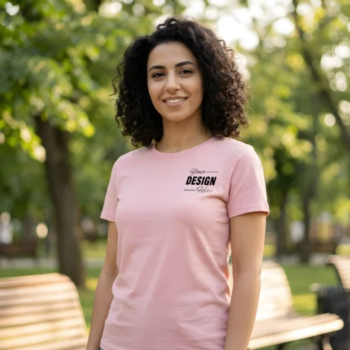 Casual lifestyle t-shirt mockup photographed outdoors with soft natural light.