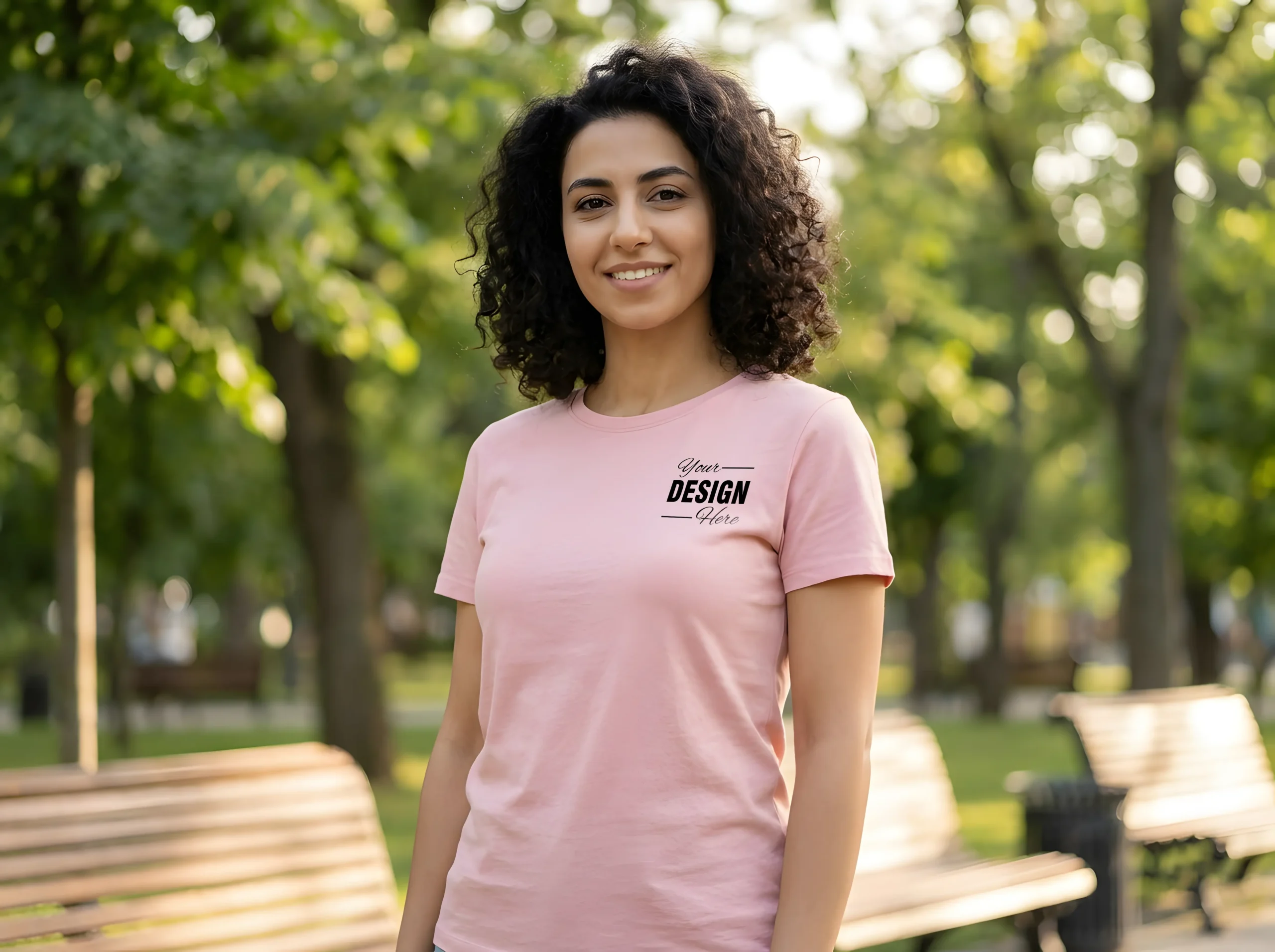 Casual lifestyle t-shirt mockup photographed outdoors with soft natural light.
